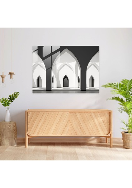 Siyah ve Beyaz Cam Tablo - Simetrik Zarafet - Cami Simetrik Zarafet Minimalist Tasarım Mimarlık Çizgileri fiyatları