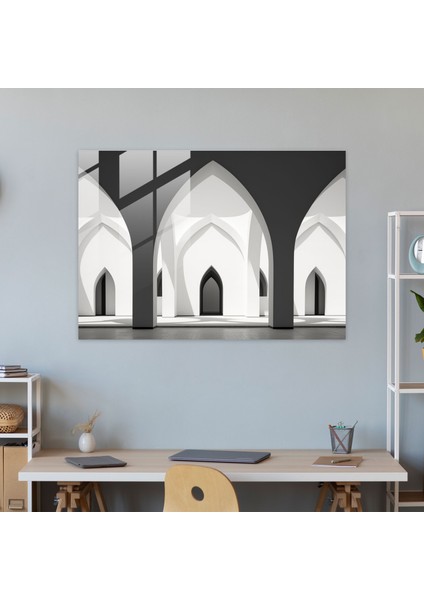 Siyah ve Beyaz Cam Tablo - Simetrik Zarafet - Cami Simetrik Zarafet Minimalist Tasarım Mimarlık Çizgileri modelleri
