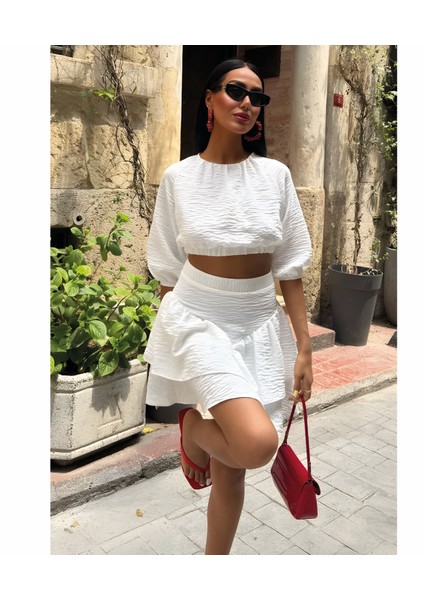 Crop Bluz ve Kat Kat Etekli Takım modelleri