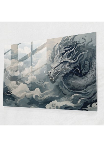 Mitoloji Cam Tablosu: Alevli Ejderha - Mitoloji Cam Tablo Ejderha Minimalist Çizgi Sanatı