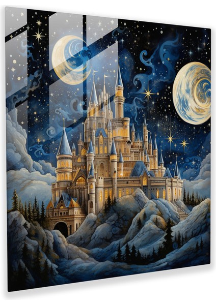 Ortadançağ Kalesi Yıldızlı Gece Altında Aydınlatılmış El Yazması Cam Tablo - Ev Dekorasyonu Cam Duvar Sanatı Duvar Dekorasyonu Cam Sanatı