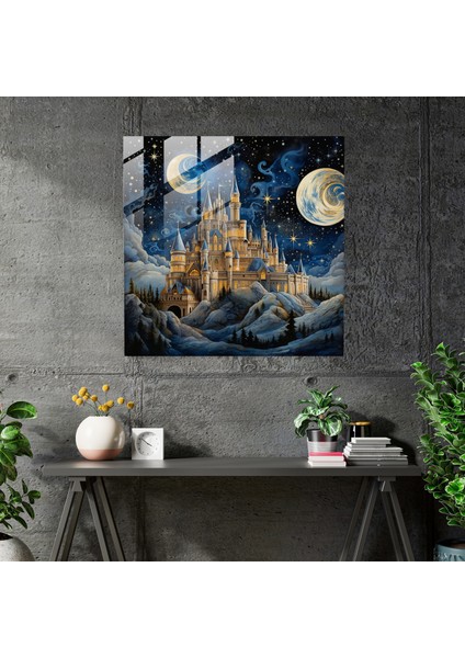 Ortadançağ Kalesi Yıldızlı Gece Altında Aydınlatılmış El Yazması Cam Tablo - Ev Dekorasyonu Cam Duvar Sanatı Duvar Dekorasyonu Cam Sanatı fiyatları
