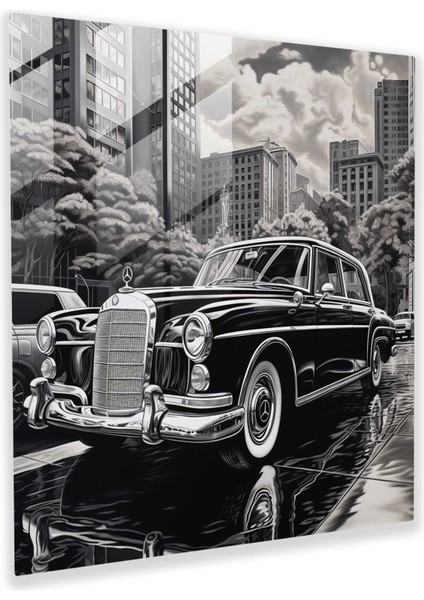 Mercedes Cam Tablo - Klasik Siyah ve Beyaz Tablo - Lüks Araç Mercedes Cam Sanat Şehir Manzarası