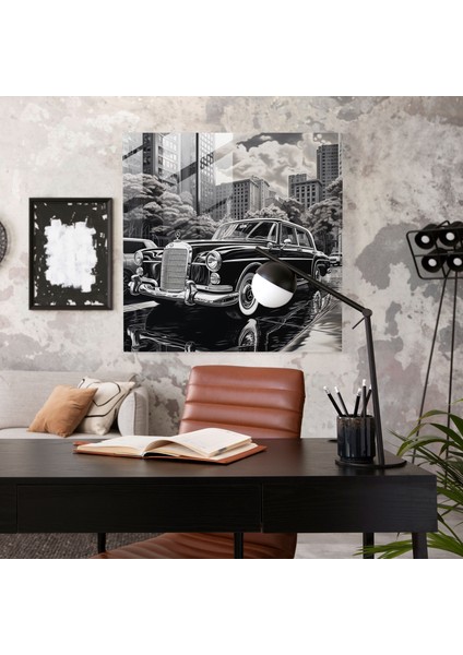 Mercedes Cam Tablo - Klasik Siyah ve Beyaz Tablo - Lüks Araç Mercedes Cam Sanat Şehir Manzarası fiyatları
