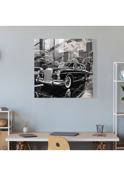 Mercedes Cam Tablo - Klasik Siyah ve Beyaz Tablo - Lüks Araç Mercedes Cam Sanat Şehir Manzarası modelleri