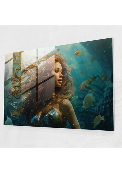Mitoloji Cam Duvar Sanatı - Denizkızı Sualtı - Mitoloji Duvar Dekorasyonu Denizkızı Cam Tablo Modern Sanat