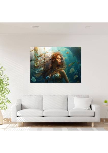 Mitoloji Cam Duvar Sanatı - Denizkızı Sualtı - Mitoloji Duvar Dekorasyonu Denizkızı Cam Tablo Modern Sanat modelleri