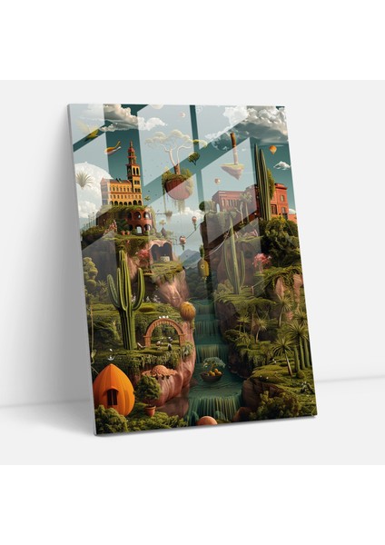 Frida Kahlo Tarzı Modern Sanat - Frida Kahlo Eserleri Frida Kahlo Tarzı Sürrealist Manzara Cam Tablo