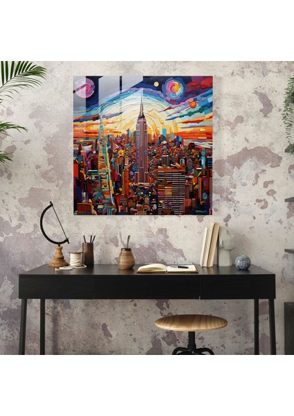 Canlı Soyut Mozaik Cam Tablo - Ikonik New York Manzaraları Cam Duvar Sanatı Ev Dekorasyonu Duvar Dekoru modelleri
