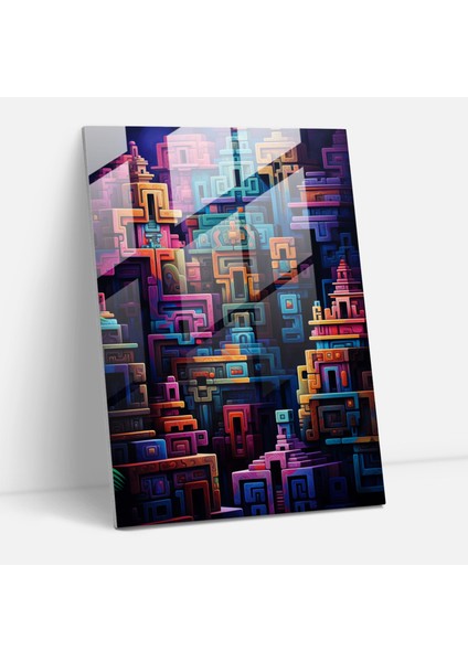 Inka Medeniyeti Geometrik Cam Tablo - Maya Ev Dekorasyonu Duvar Dekorasyonu Cam Tablo