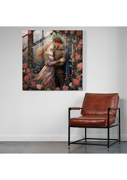 Ortaçağ Desenli Şövalye ve Leydi Sanat Eseri - Cam Tablo - Duvar Dekorasyonu fiyatları