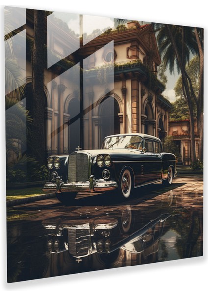Büyüleyici Vintage Mafya Arabasının Büyük Malikane Önünde Park Etmiş Gerçekçi Cam Tablosu