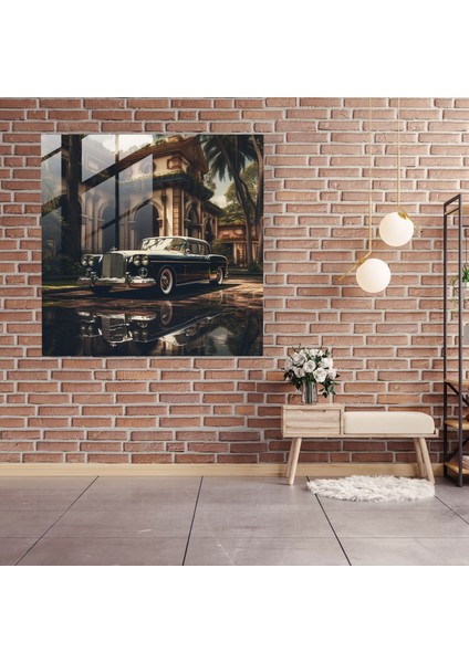 Büyüleyici Vintage Mafya Arabasının Büyük Malikane Önünde Park Etmiş Gerçekçi Cam Tablosu fiyatları