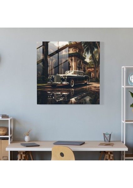 Büyüleyici Vintage Mafya Arabasının Büyük Malikane Önünde Park Etmiş Gerçekçi Cam Tablosu modelleri