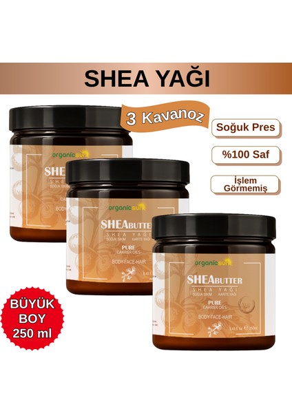 Shea Yağı 250 ml x 3 Adet | %100 Ham, Soğuk Pres, Rafine Edilmemiş, Shea Butter Karite | Kuru Cilt, Saç, Dudak, Topuk Bakımı