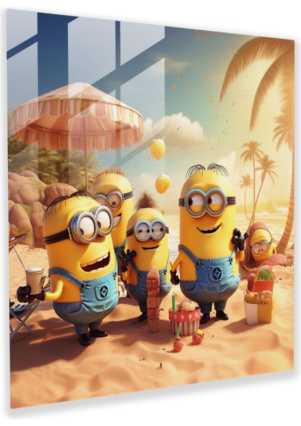 Minions Cam Tablo - Sahilde Eğlence - Minions Cam Duvar Sanatı Sahilde Eğlence Tablosu