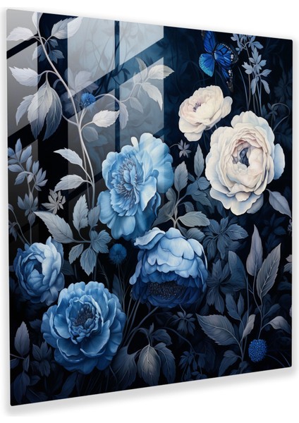 Lacivert Çiçek Desenli Cam Tablo - Modern Sanat Çiçekler Lacivert