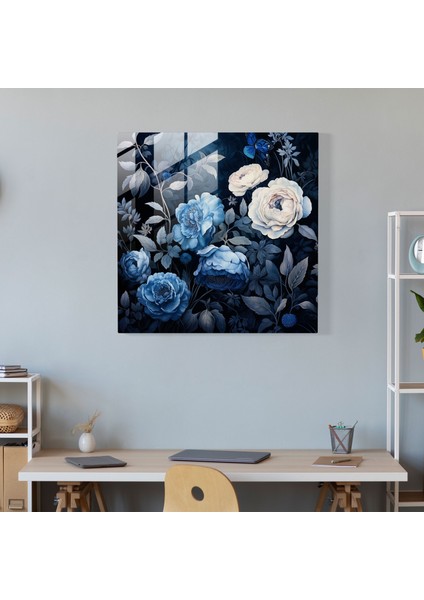 Lacivert Çiçek Desenli Cam Tablo - Modern Sanat Çiçekler Lacivert fiyatları