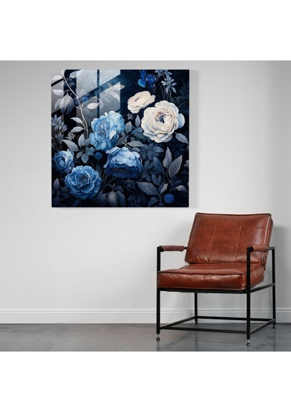 Lacivert Çiçek Desenli Cam Tablo - Modern Sanat Çiçekler Lacivert modelleri