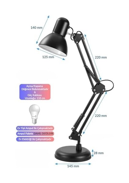 Home Akrobat Tertial Masa Lambası - 360° Hareketli Oynar Başlıklı Metal Gövde, Masa Üstü Çalışma ve Kitap Okuma Lambası, Sağlam Malzeme ile Uzun Ömürlü Aydınlatma-Ev Tipi Ampül (Siyah) fiyatları