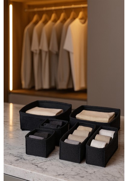Keçe Çekmece ve Dolap Düzenleyici Organizer Seti 6 Parça – Siyah, Çok Amaçlı Düzenleyici Kutular