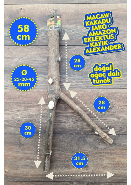 Venty Doğal Papağan Tüneği 58 cm | Macaw, Kakadu, Jako, Amazon, Eklektus, Kayık, Alexander - T220