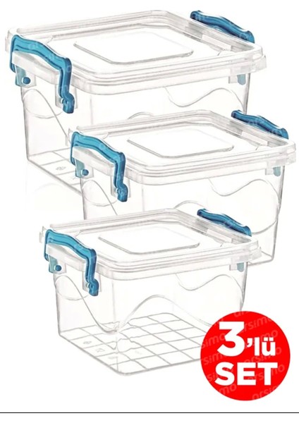 3'lü Kare Kelepçeli Şeffaf Saklama Kabı Seti | Kapaklı Saklama Kabı Set 2.4 Lt - 1.2 Lt - 550 ml ROYALEKS-82111