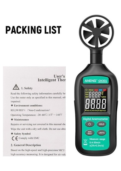 GN301 Dijital Anemometre Termometre Aneng Sıcaklık Arkadan Aydınlatmalı El Rüzgar Hızı Ölçer Anemometer