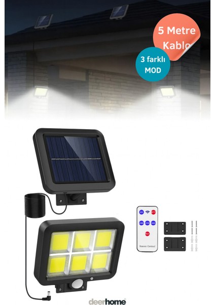 Sensörlü Güneş Enerjili Sokak Lambası, Kumandalı, 3 Mod, 5 Metre Kablo, Siyah