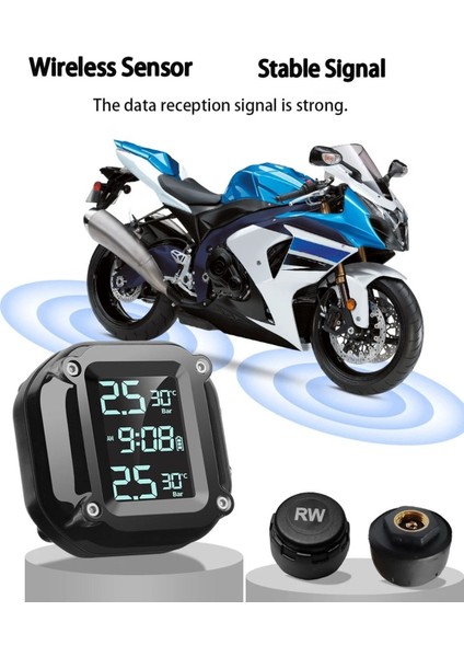 Motosiklet Tpms Lastik Basınç Sensörü ve Monitörü Dijital Kablosuz Şarjlı Lastik Basınç Dedektörü modelleri