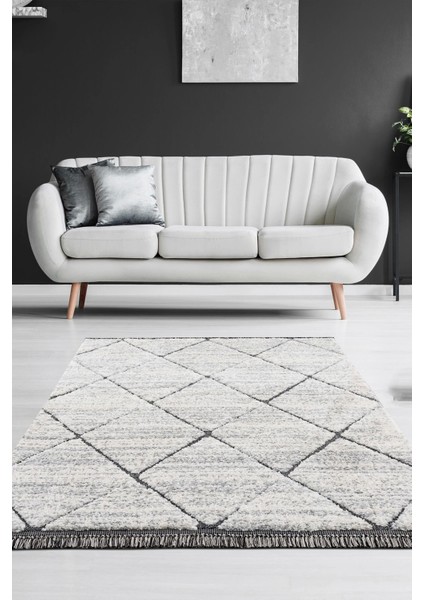 Bukleli Yumuşak Shaggy Avelia Serisi Saçaklı Krem Anthrazit Salon Oturma Odası Halısı