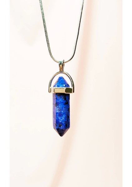 Lapis Lazuli Doğal Taşı Zincirli El Yapımı Tasarımlı Kolye Uç: 3,5 cm Zincir: 20 cm Kutulu