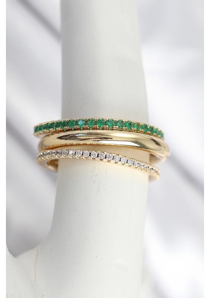 Pirinç Zirkon Taşlı Mix Renk 3'lü Kadın Yüzük