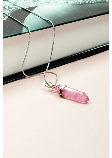 Pembe Kuvars Doğal Taşı Zincirli El Yapımı Tasarımlı Kolye Uç: 3,5 cm Zincir: 20 cm Kutulu fırsatları