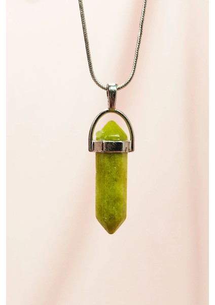 Moldavit Doğal Taşı Zincirli El Yapımı Tasarımlı Kolye Uç: 3,5 cm Zincir: 20 cm Kutulu