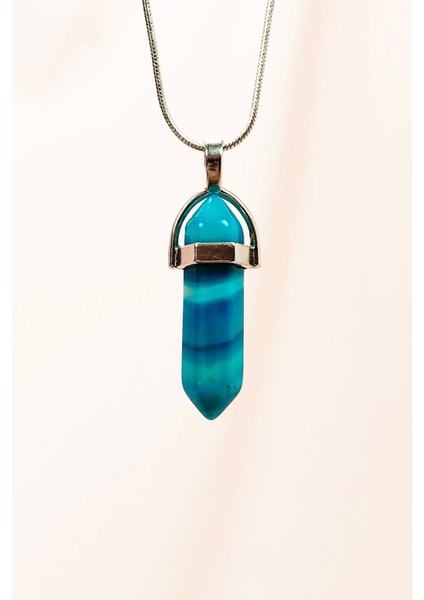 Mavi Akik Doğal Taşı Zincirli El Yapımı Tasarımlı Kolye Uç: 3,5 cm Zincir: 20 cm Kutulu