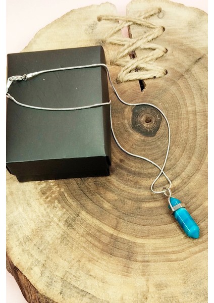 Mavi Akik Doğal Taşı Zincirli El Yapımı Tasarımlı Kolye Uç: 3,5 cm Zincir: 20 cm Kutulu modelleri