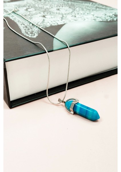 Mavi Akik Doğal Taşı Zincirli El Yapımı Tasarımlı Kolye Uç: 3,5 cm Zincir: 20 cm Kutulu fırsatları