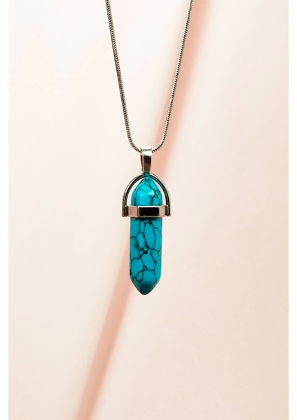 Firuze Doğal Taşı Zincirli El Yapımı Tasarımlı Kolye Uç: 3,5 cm Zincir: 20 cm Kutulu