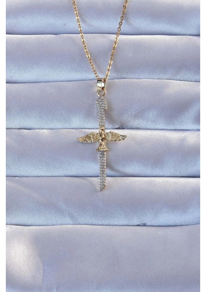 316L Altın Renk Zirkon Taşlı Kılıç Model Anka Kuşu Kolye