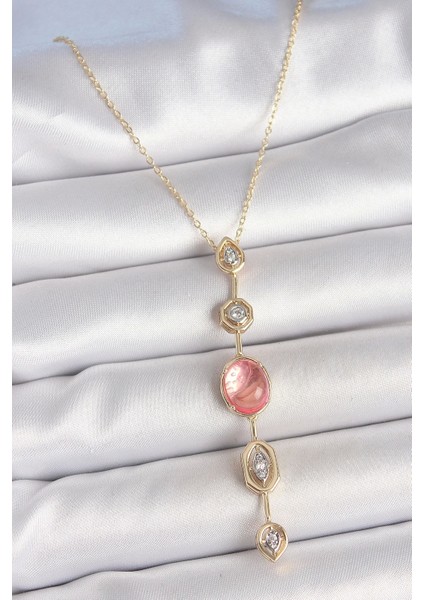 Pirinç Zincir Pembe Gold Renk Zirkon Taşlı Y Kolye