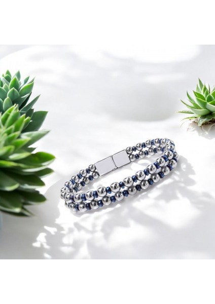 Çift Gümüş Ve Mavi Renk Hematit Çelik Bileklik 31832B20D3 modelleri
