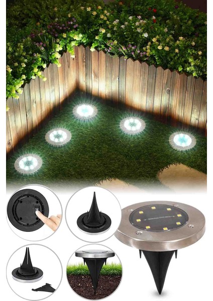Güneş Enerjili 8 Led'li Çelik Disk Solar Lamba 12CM, Şık ve Dayanıklı Aydınlatma