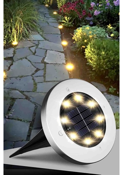Güneş Enerjili 8 Led'li Çelik Disk Solar Lamba 12CM, Şık ve Dayanıklı Aydınlatma