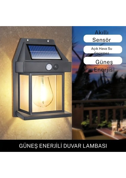 Güneş Enerjili Sensörlü Su Geçirmez Duvar Lambası, E27 Ampul Değiştirilebilir, Sarı Renk