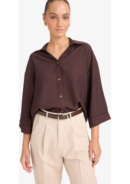 Overshirt Fit Kaçık Yaka Uzun Kollu Gömlek F4767AX25AU