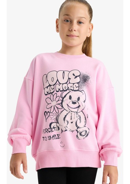 Kız Çocuk Oversize Geniş Kalıp Bisiklet Yaka Baskılı Sweatshirt E6755A825AU