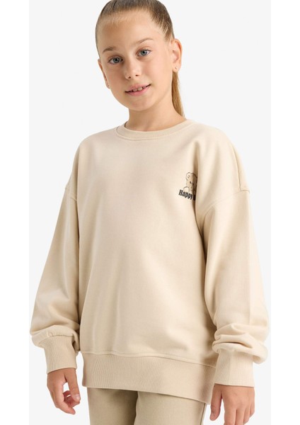 Kız Çocuk Oversize Geniş Kalıp Bisiklet Yaka Baskılı Sweatshirt E6755A825AU