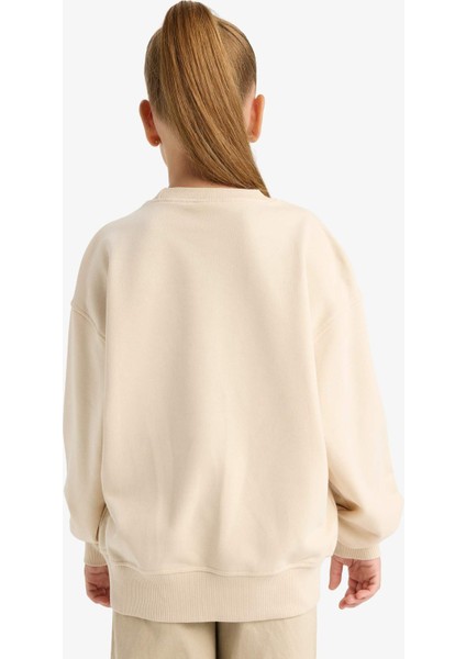 Kız Çocuk Oversize Geniş Kalıp Bisiklet Yaka Baskılı Sweatshirt E6755A825AU