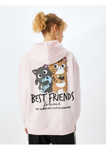 Şardonlu Arkası Baskılı Kedi Temalı Kapüşonlu Sweatshirt fırsatları